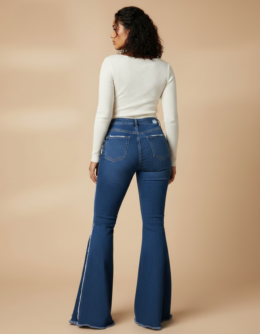 Pantalon Patte D'Éléphant Jean Bleu Franges Fendu Taille Haute - vue 2