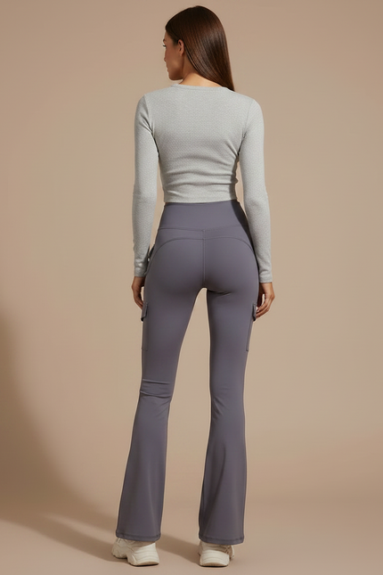 Pantalon Patte D'Éléphant Gris Cargo Taille Haute Évasé - Polyester - vue 2