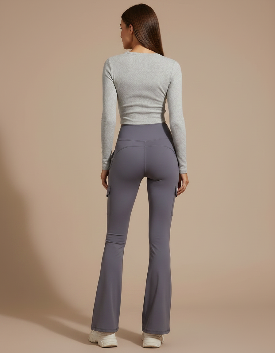 Pantalon Patte D'Éléphant Gris Cargo Taille Haute Évasé - Polyester - vue 2