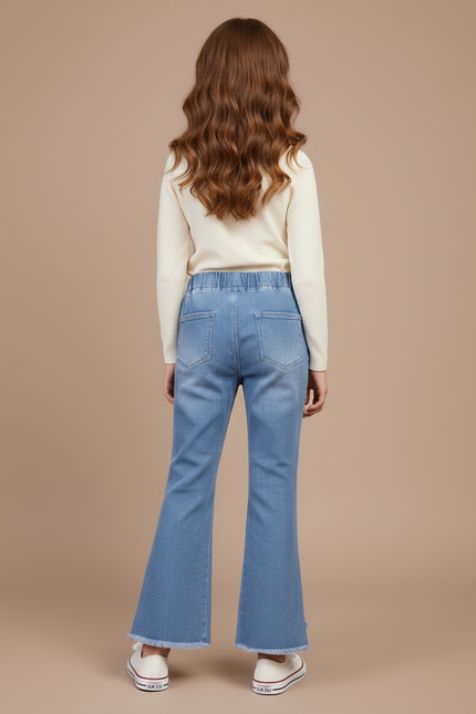 Pantalon Patte D'Éléphant Jean Bleu Frangé Boutons Fille - vue 2