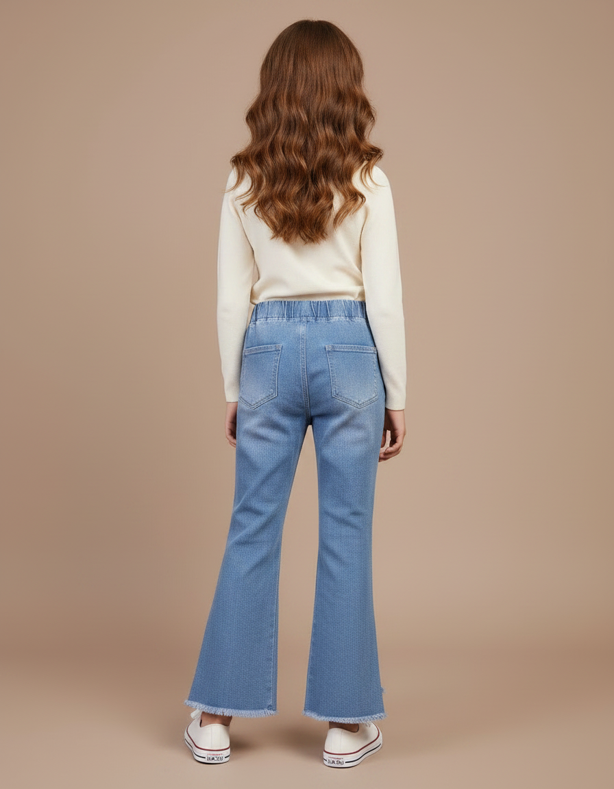 Pantalon Patte D'Éléphant Jean Bleu Frangé Boutons Fille - vue 2