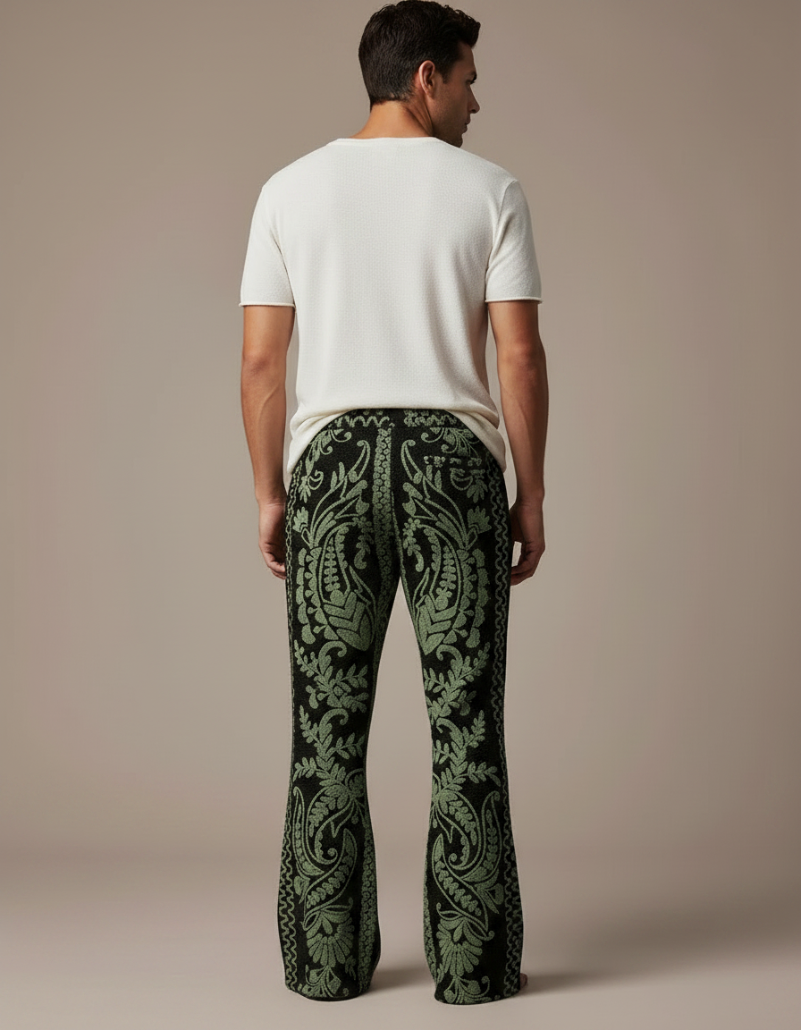 Pantalon Patte D'Éléphant Paisley Vert Noir Flared Homme - Multicolore Maille - vue 2