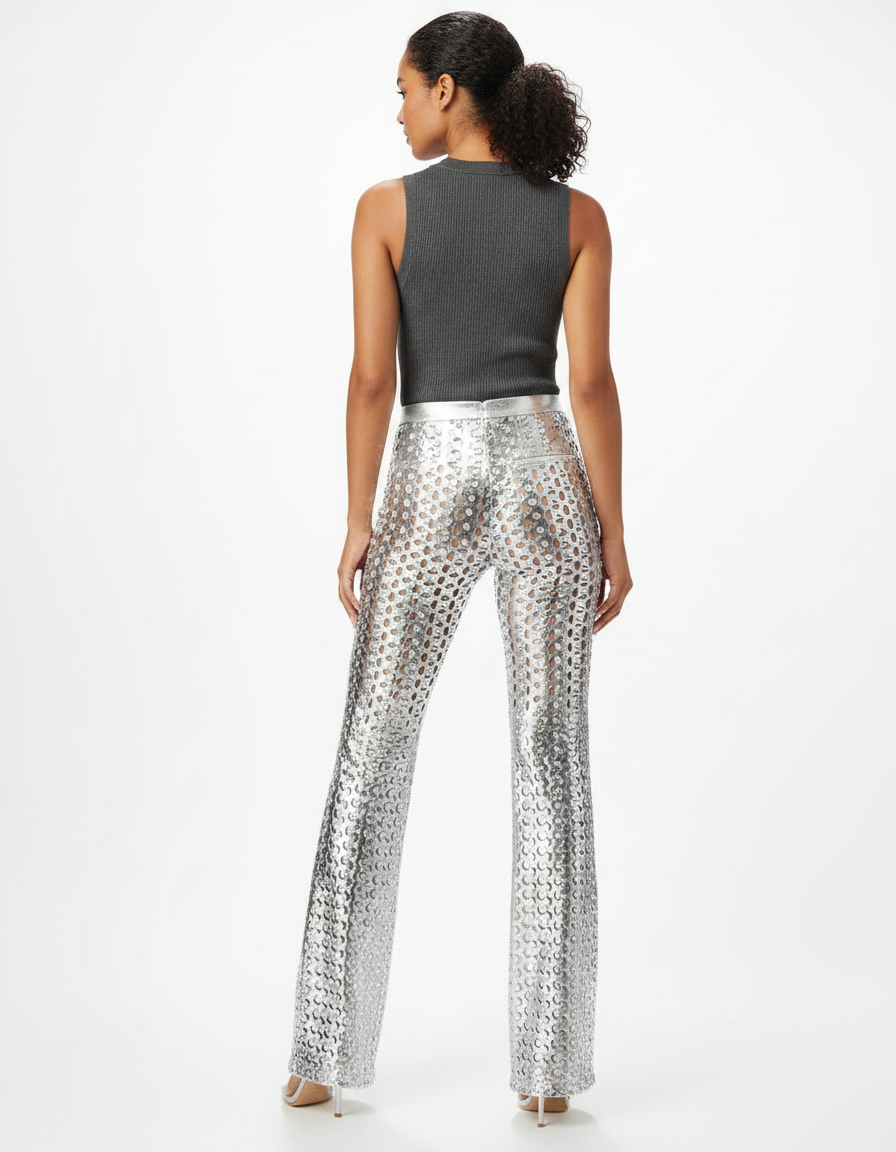 Pantalon Patte D'Éléphant Métallique Argenté Évasé Découpé Sexy - Maille - vue 2