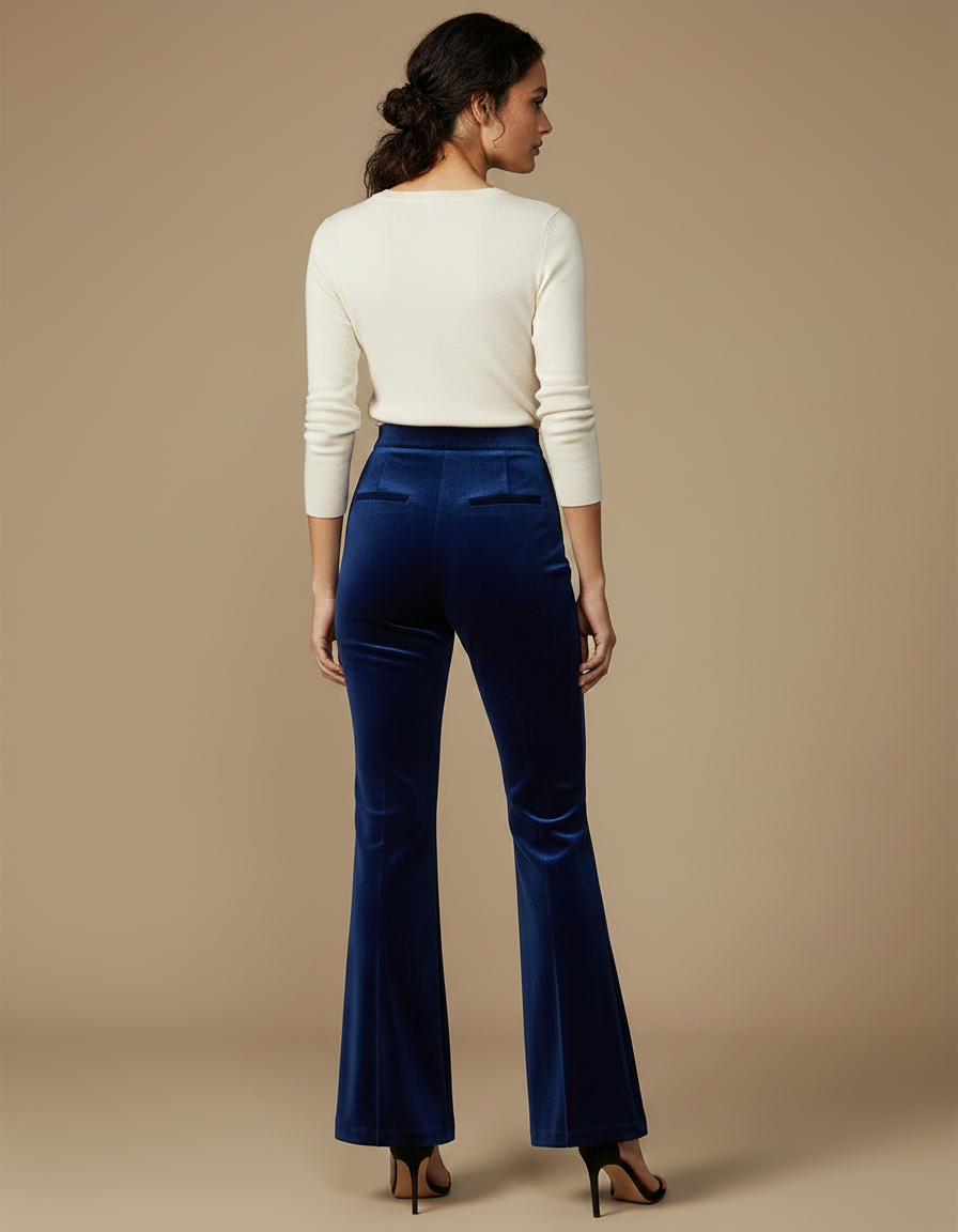Pantalon Patte D'Éléphant Velours Bleu Évasé Taille Haute - vue 2