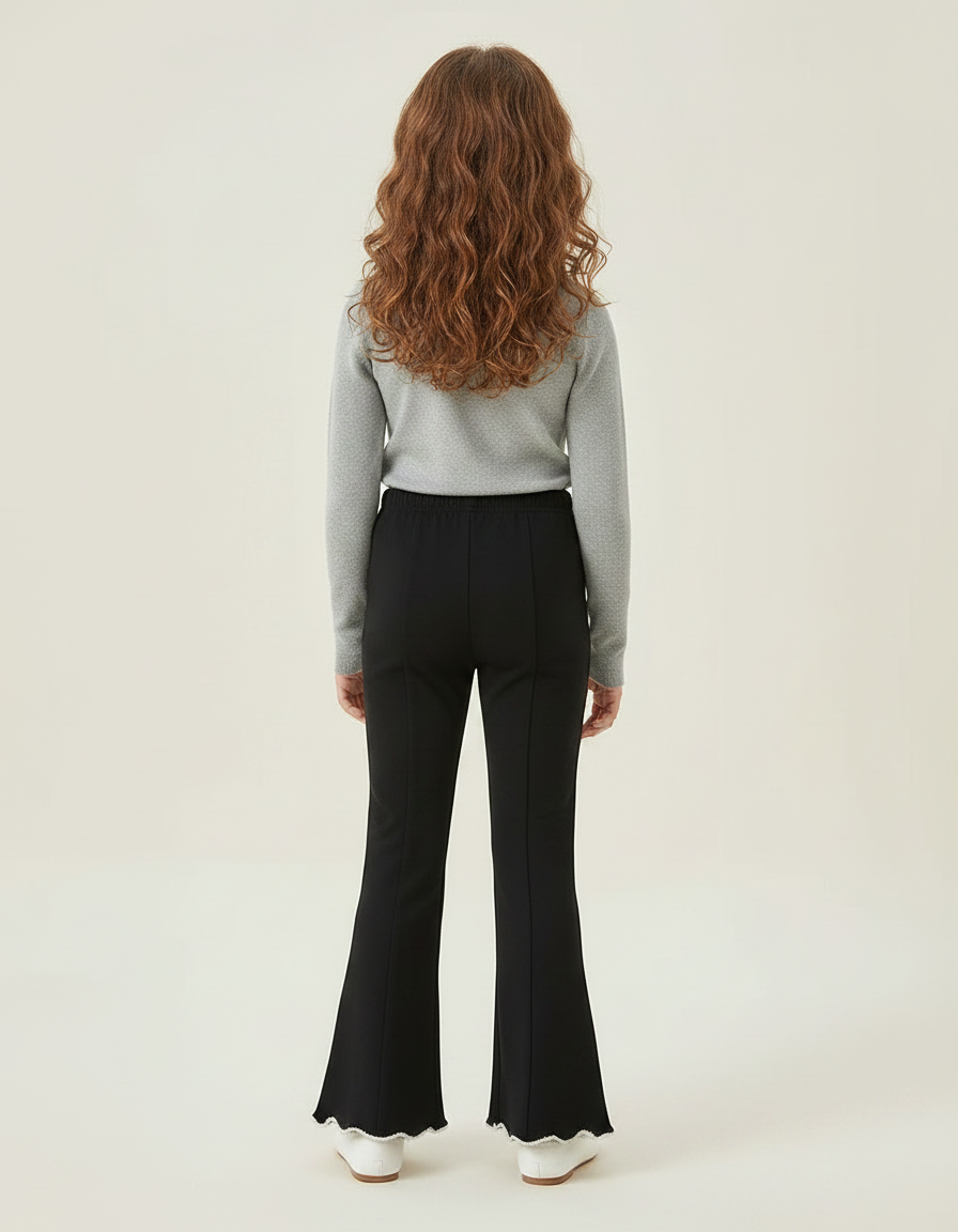Pantalon Patte D'Éléphant Noir Évasé Nœud Brodé Fille - Maille - vue 2