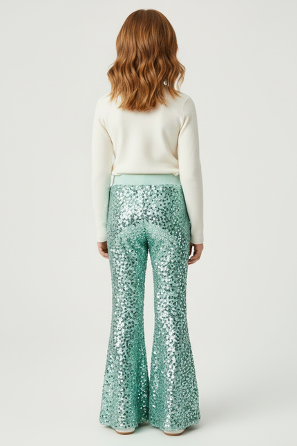 Pantalon Patte D'Éléphant Paillettes Vert Menthe Évasé Fille - Polyester - vue 2