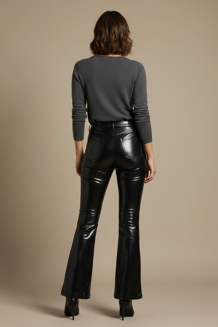 Pantalon Patte D'Éléphant Similicuir Noir Brillant Évasé Femme - Simili cuir - vue 2