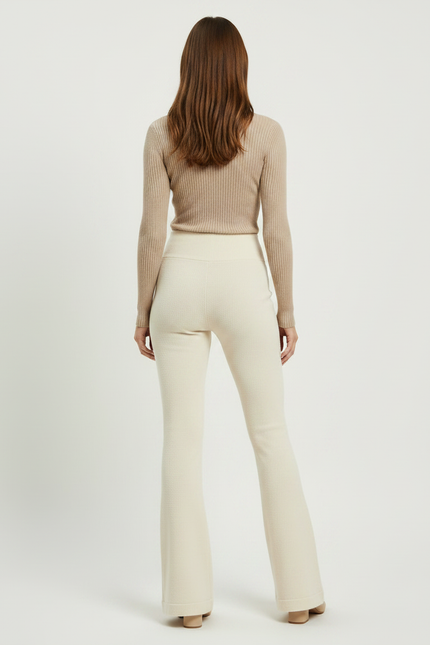 Pantalon Patte D'Éléphant Crème Tricoté Côtelé Taille Haute - Beige Maille - vue 2