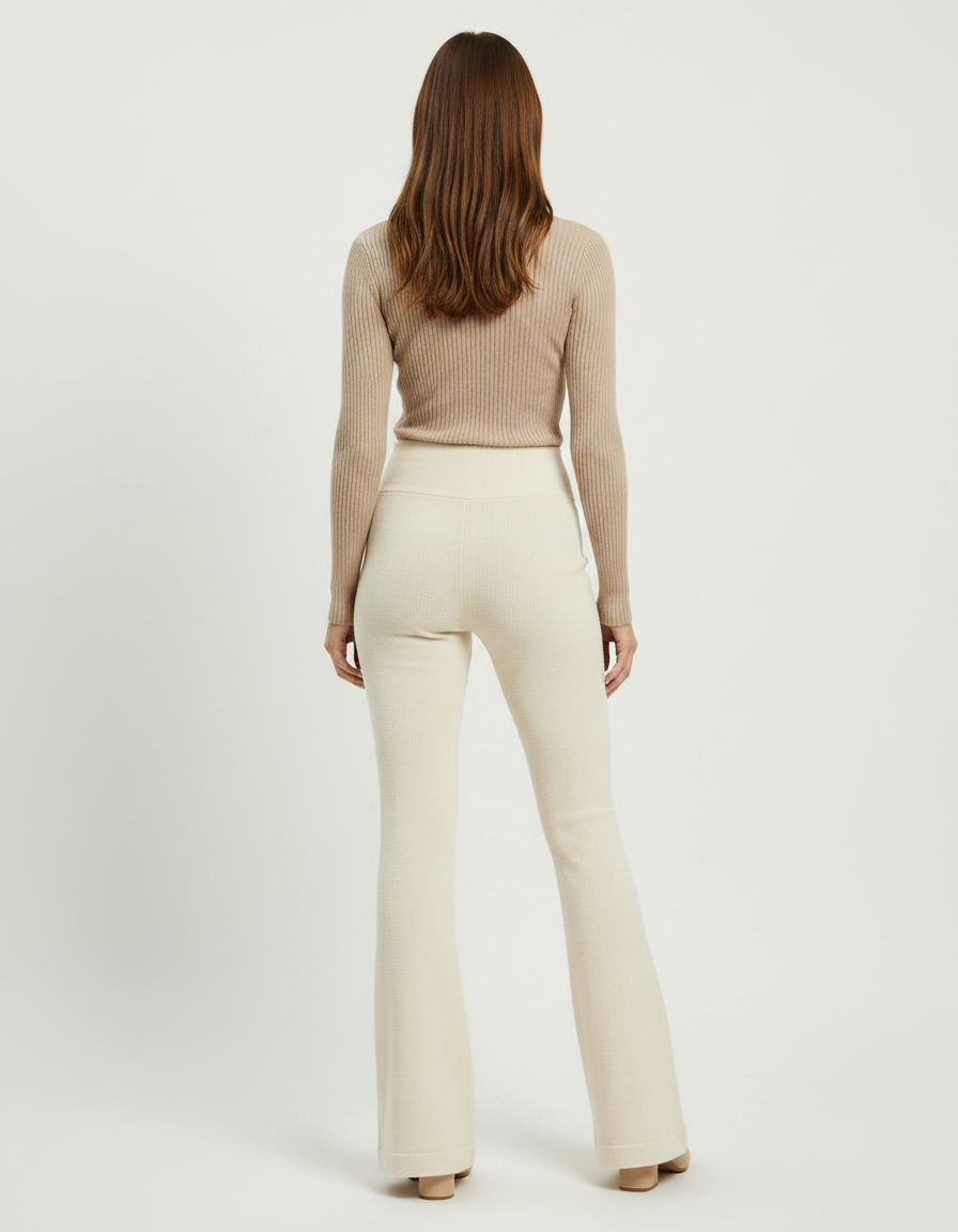 Pantalon Patte D'Éléphant Crème Tricoté Côtelé Taille Haute - Beige Maille - vue 2