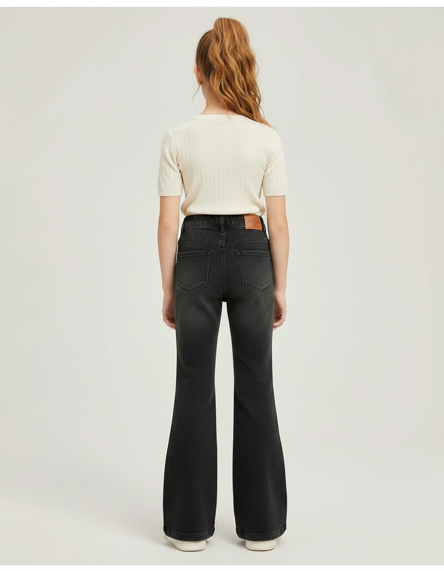 Pantalon Patte D'Éléphant Noir Jean Taille Haute Fille - vue 2