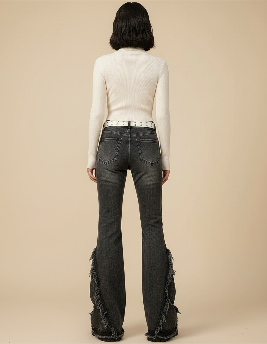 Pantalon Patte D'Éléphant Noir Délavé Effiloché Denim Y2K - Jean - vue 2
