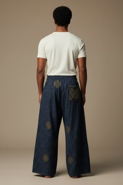 Pantalon Patte D'Éléphant Bleu Imprimé Ethnique Ample Coton - vue 2