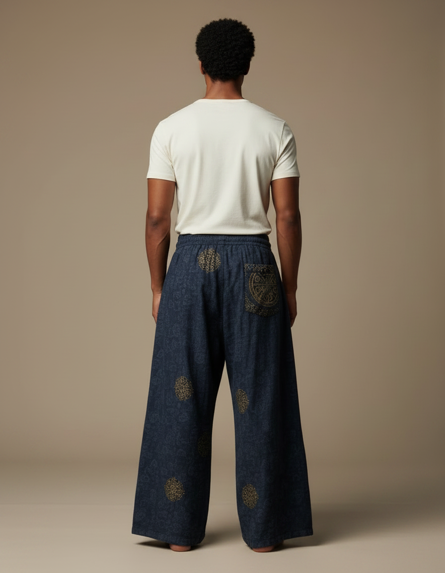 Pantalon Patte D'Éléphant Bleu Imprimé Ethnique Ample Coton - vue 2