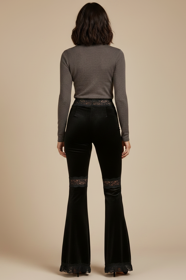Pantalon Patte D'Éléphant Velours Noir Dentelle Taille Haute - vue 2