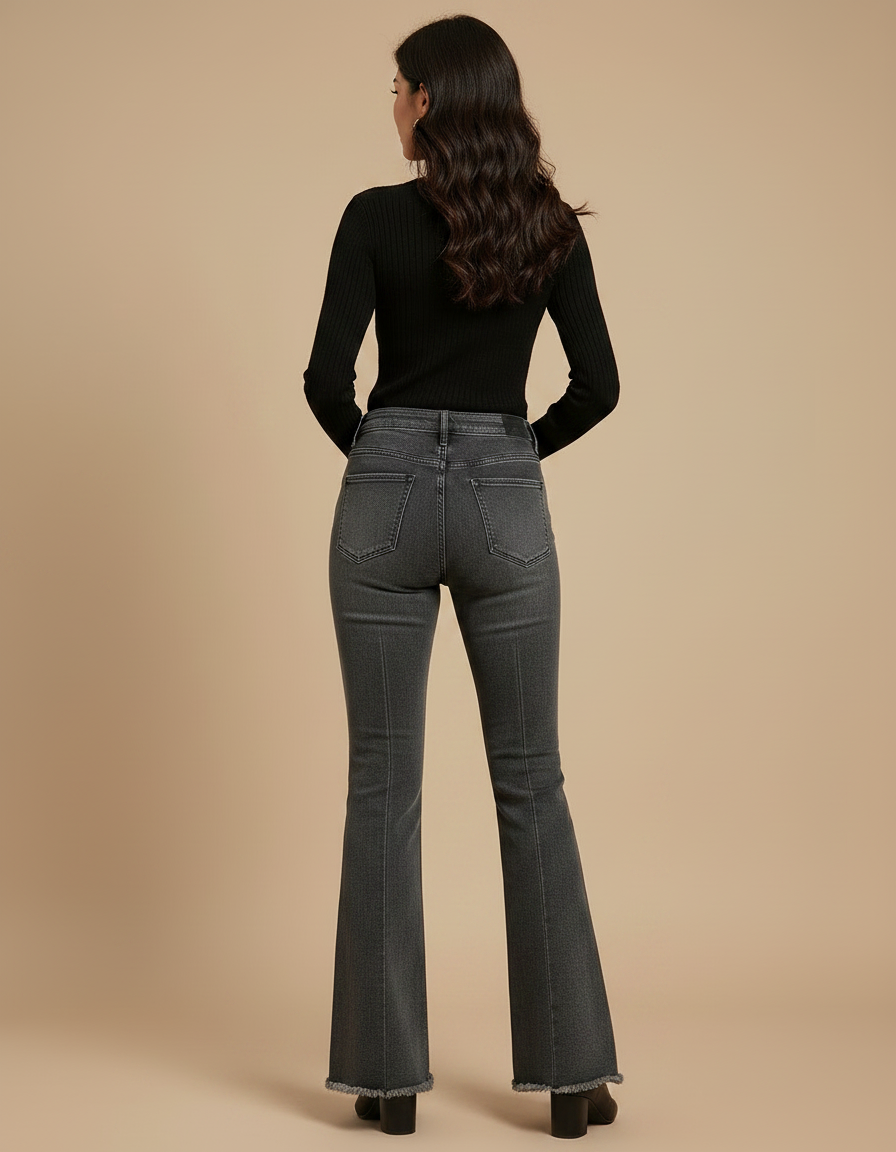Pantalon Patte D'Éléphant Gris Délavé Taille Haute Effiloché - Jean - vue 2