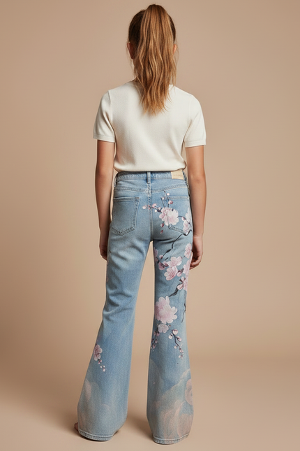 Pantalon Patte D'Éléphant Jean Bleu Imprimé Floral Fille - vue 2
