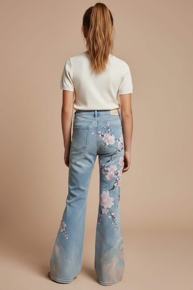 Pantalon Patte D'Éléphant Jean Bleu Imprimé Floral Fille - vue 2
