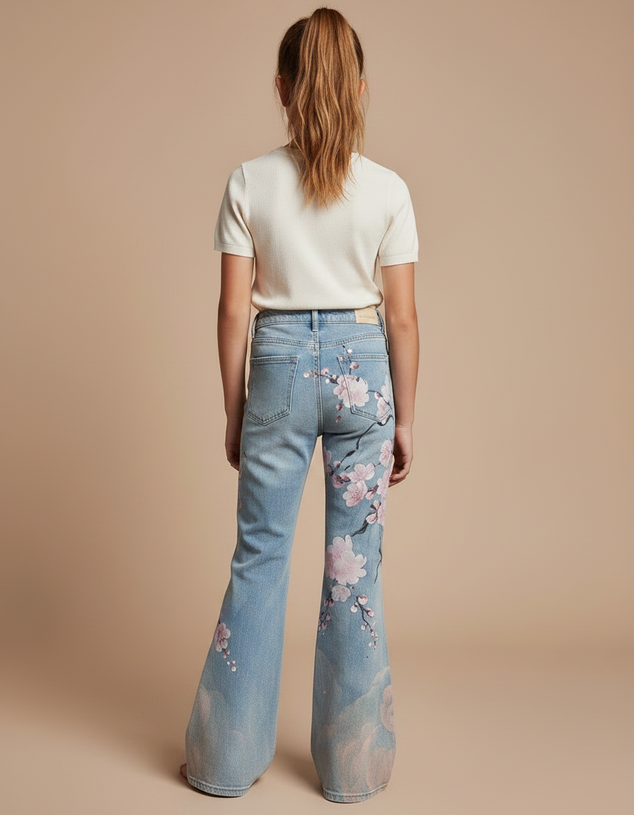 Pantalon Patte D'Éléphant Jean Bleu Imprimé Floral Fille - vue 2