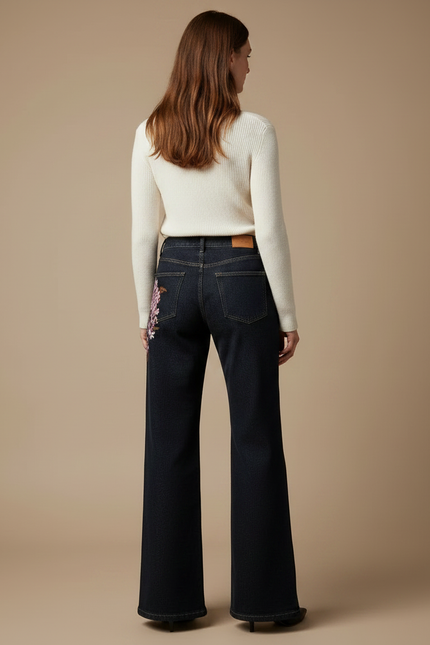 Pantalon Patte D'Éléphant Denim Foncé Brodé Floral Taille Haute - Marine Jean - vue 2