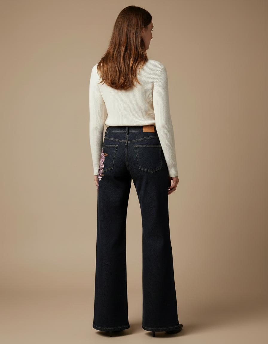 Pantalon Patte D'Éléphant Denim Foncé Brodé Floral Taille Haute - Marine Jean - vue 2