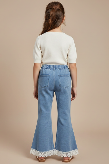 Pantalon Patte D'Éléphant Jean Évasé Dentelle Papillon Fille - Bleu - vue 2