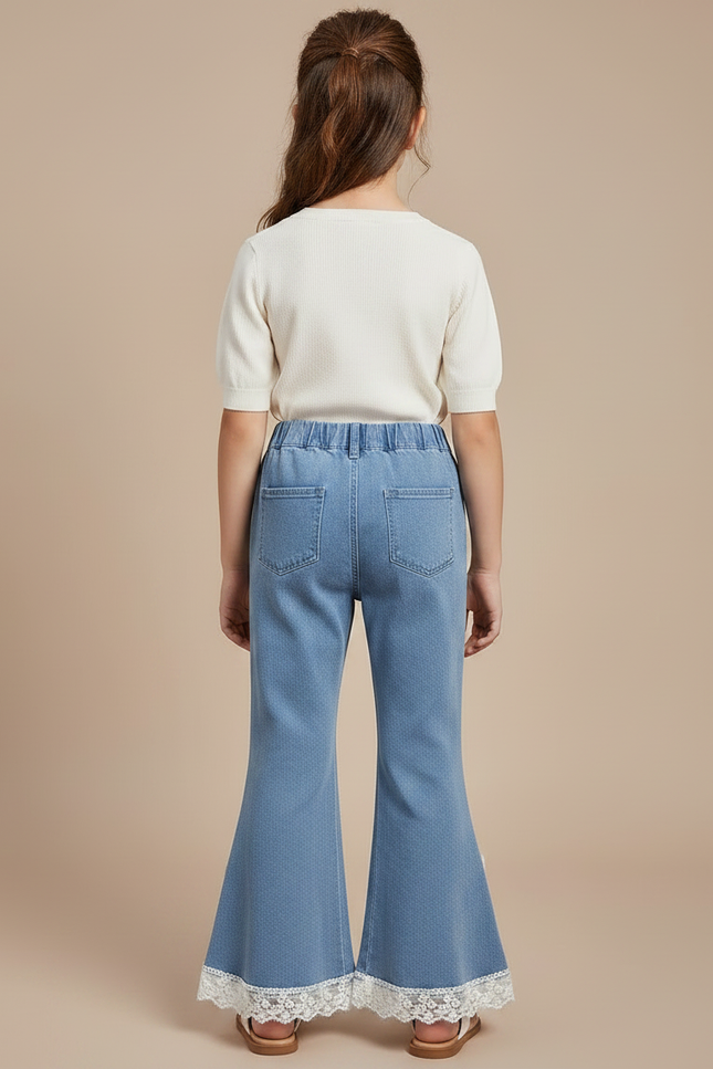 Pantalon Patte D'Éléphant Jean Évasé Dentelle Papillon Fille - Bleu - vue 2