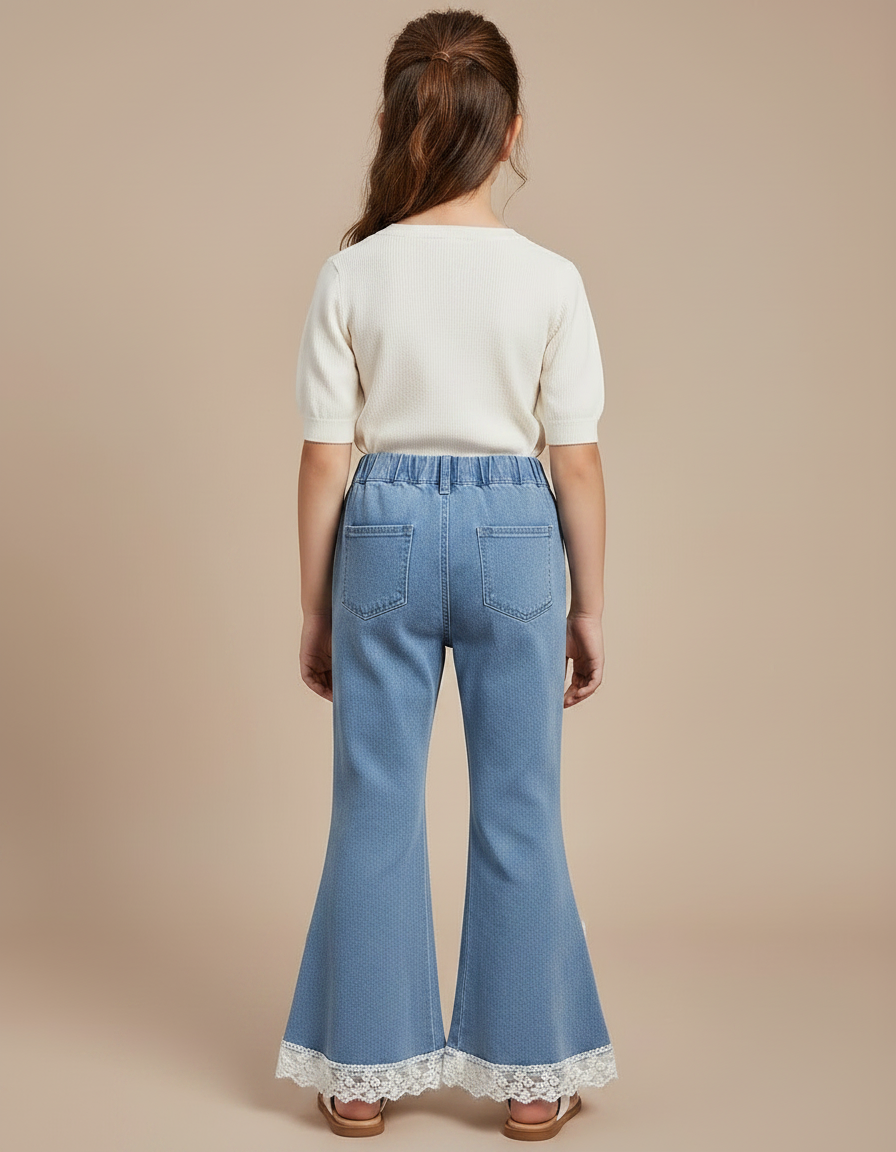Pantalon Patte D'Éléphant Jean Évasé Dentelle Papillon Fille - Bleu - vue 2