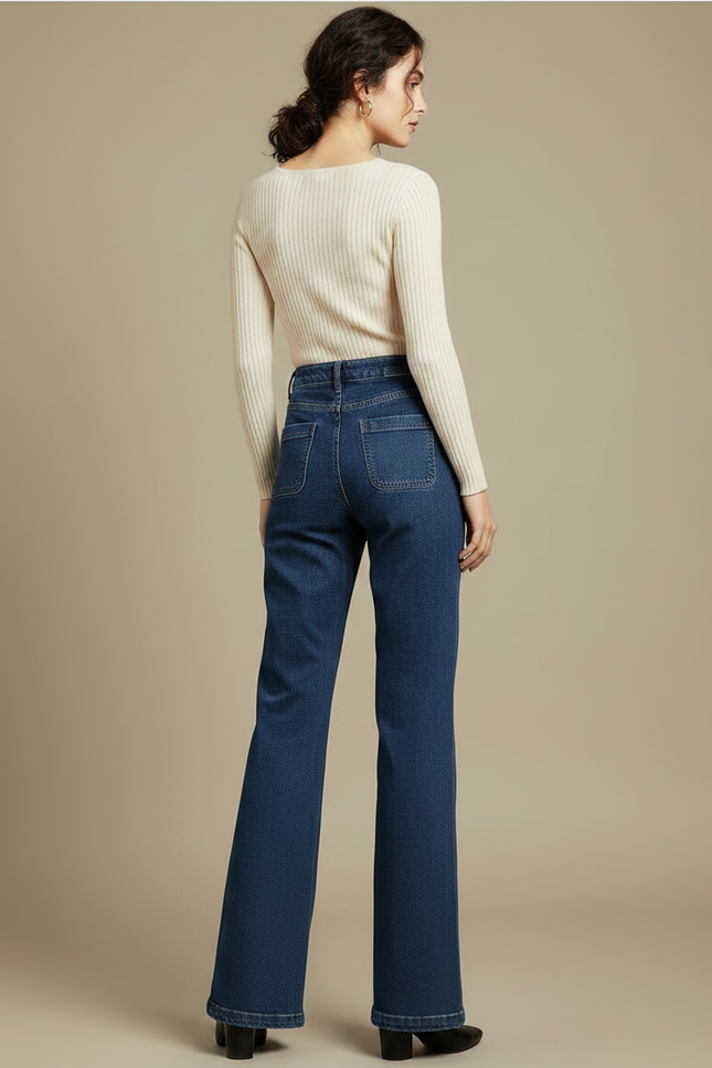 Pantalon Patte D'Éléphant Bleu Denim Taille Haute Élégant - Jean - vue 2