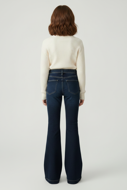 Pantalon Patte D'Éléphant Jean Bleu Foncé Ceinturé Évasé - Marine - vue 2