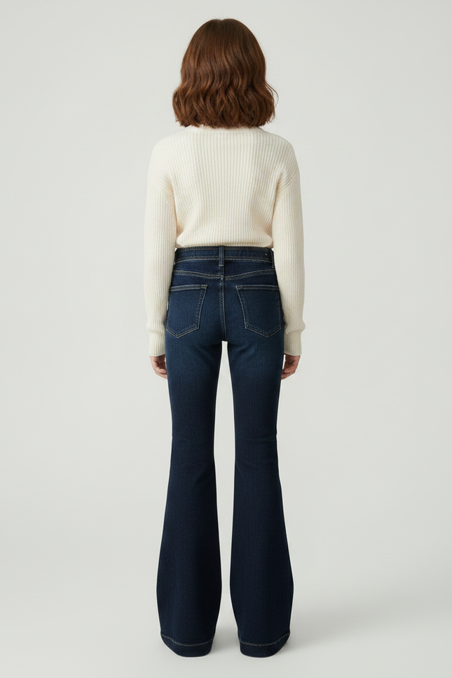 Pantalon Patte D'Éléphant Jean Bleu Foncé Ceinturé Évasé - Marine - vue 2