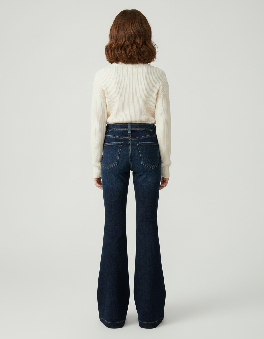 Pantalon Patte D'Éléphant Jean Bleu Foncé Ceinturé Évasé - Marine - vue 2
