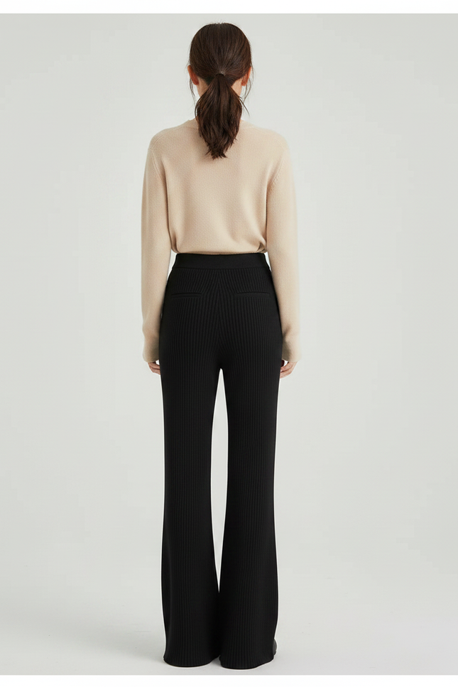 Pantalon Patte D'Éléphant Noir Tricoté Côtelé Fluide Décontracté - Maille - vue 2