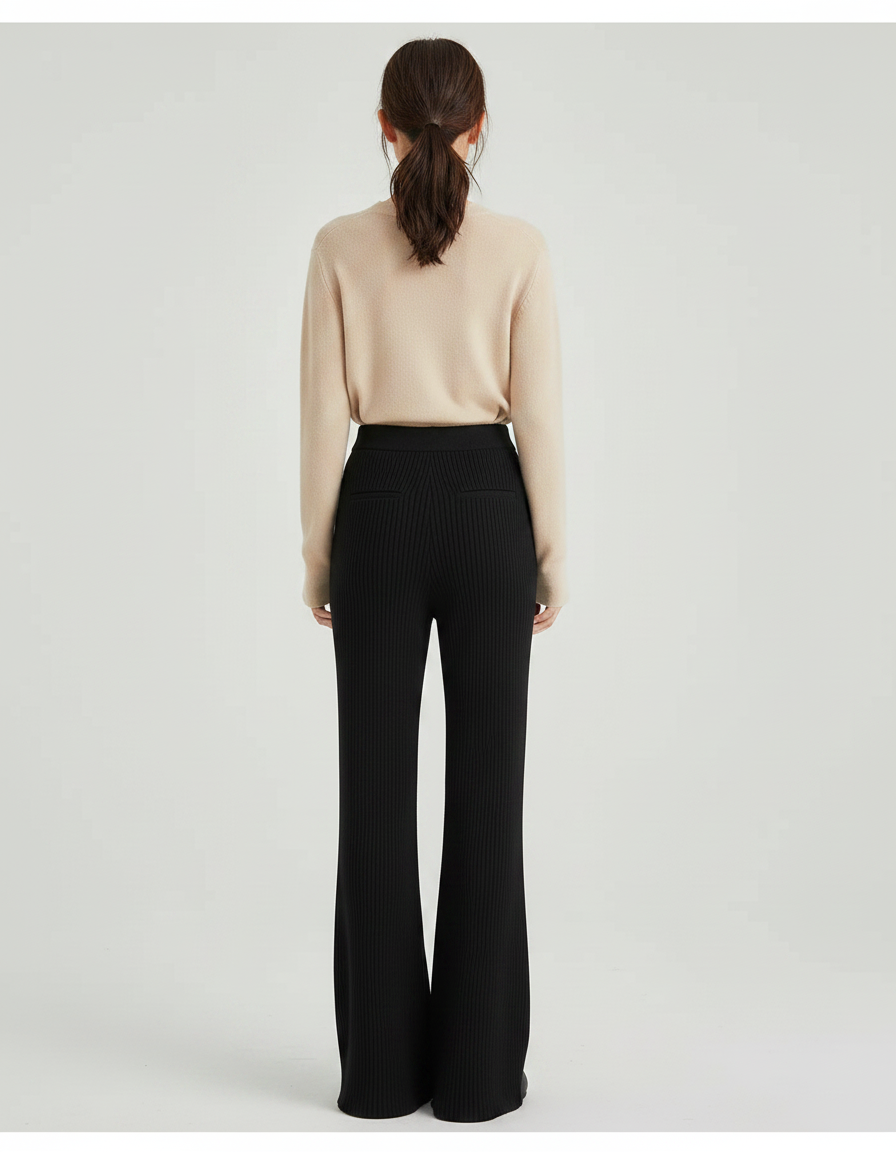 Pantalon Patte D'Éléphant Noir Tricoté Côtelé Fluide Décontracté - Maille - vue 2