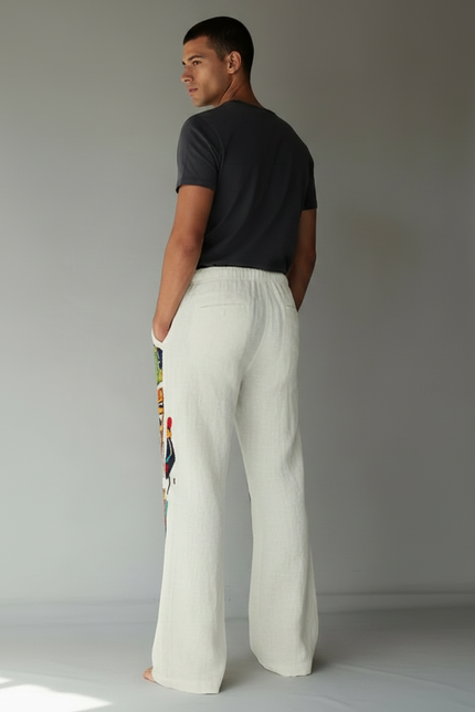 Pantalon Patte D'Éléphant Lin Blanc Ethnique Masques Africains Homme - vue 2