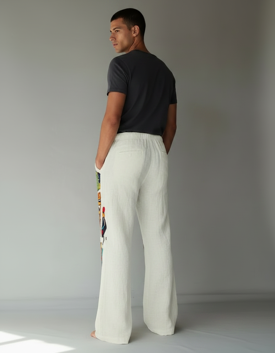 Pantalon Patte D'Éléphant Lin Blanc Ethnique Masques Africains Homme - vue 2