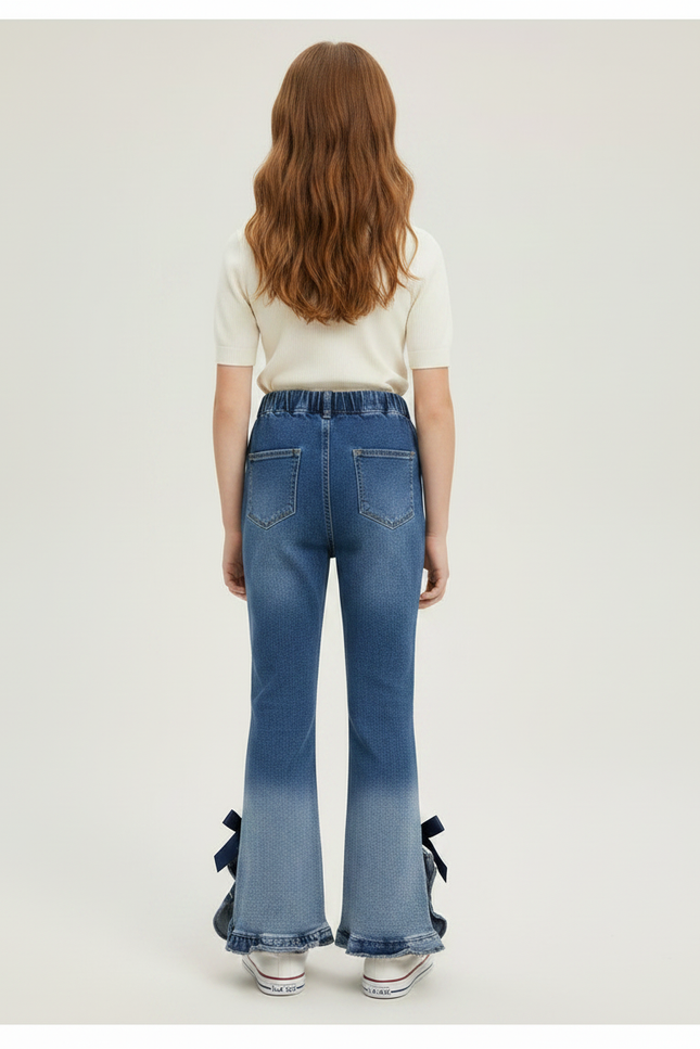 Pantalon Patte D'Éléphant Denim Bleu Dégradé Nœuds Fille - Jean - vue 2