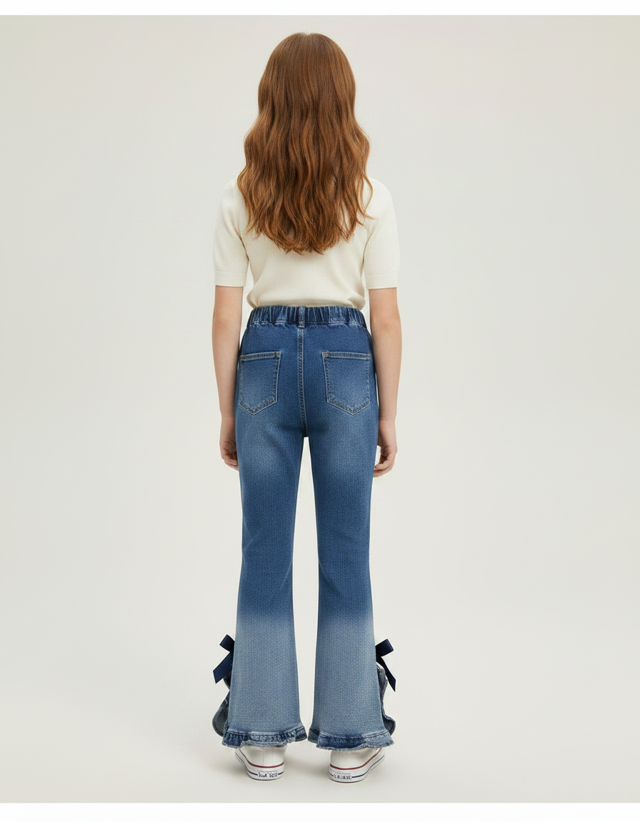 Pantalon Patte D'Éléphant Denim Bleu Dégradé Nœuds Fille - Jean - vue 2