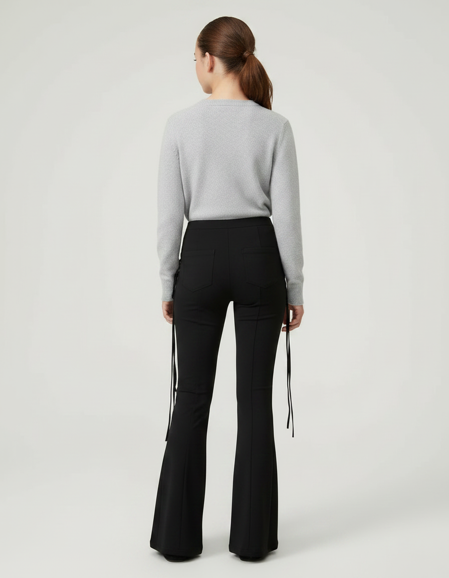 Pantalon Patte D'Éléphant Noir Lacets Oeillets Sexy Évasé - Maille - vue 2