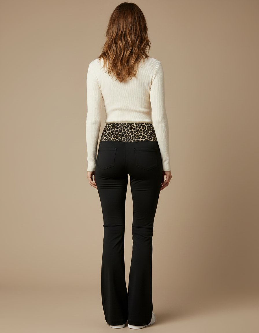 Pantalon Patte D'Éléphant Noir Léopard Taille Haute Évasé - Polyester - vue 2