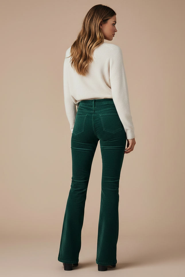 Pantalon Patte D'Éléphant Vert Côtelé Taille Haute Élégant Femme - Cordé - vue 2