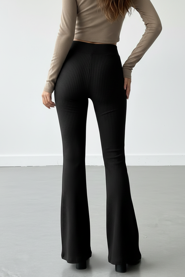 Pantalon Patte D'Éléphant Noir Côtelé Taille Haute Fluide - Maille - vue 2