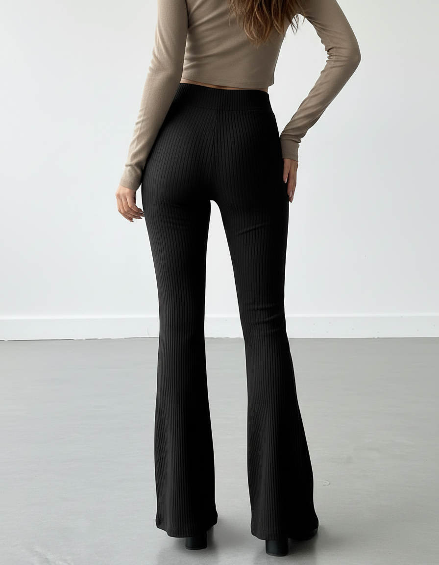 Pantalon Patte D'Éléphant Noir Côtelé Taille Haute Fluide - Maille - vue 2
