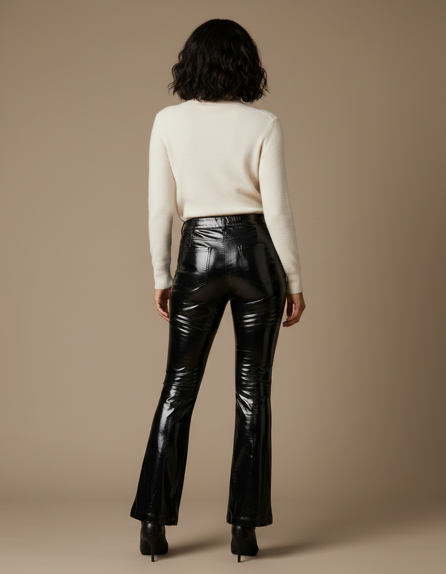 Pantalon Patte D'Éléphant Noir Brillant Vinyle Taille Haute - Simili cuir - vue 2