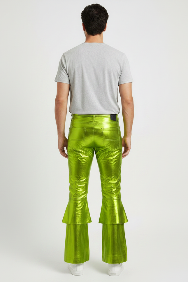 Pantalon Patte D'Éléphant Vert Métallique Brillant Évasé Homme - Polyester - vue 2