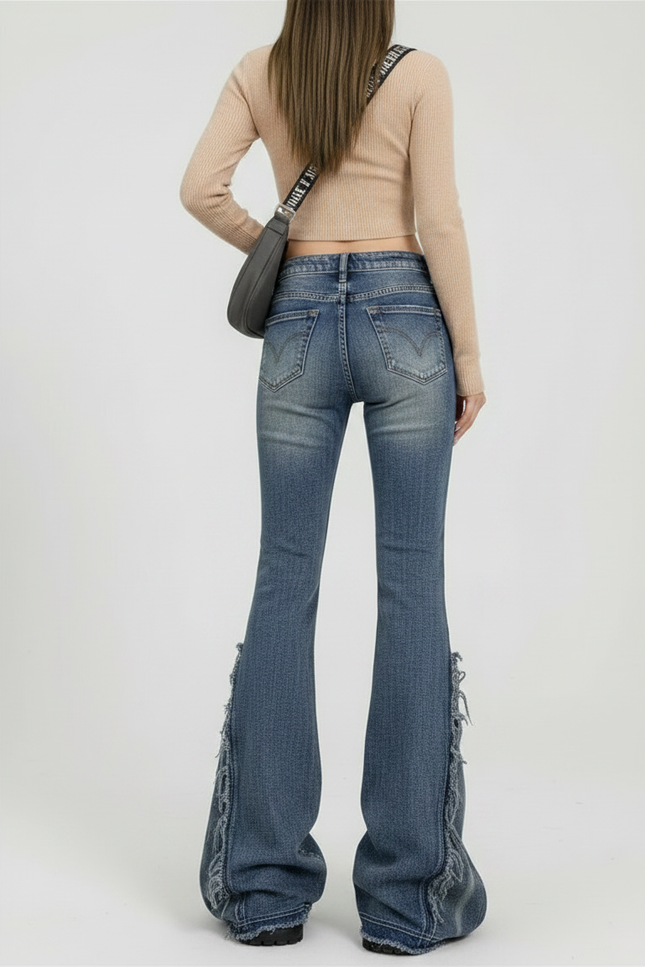 Pantalon Patte D'Éléphant Bleu Délavé Effiloché Y2K - Jean - vue 2