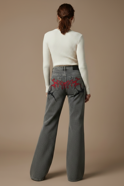 Pantalon Patte D'Éléphant Gris Imprimé Tribal Gothique Ample - Jean - vue 2