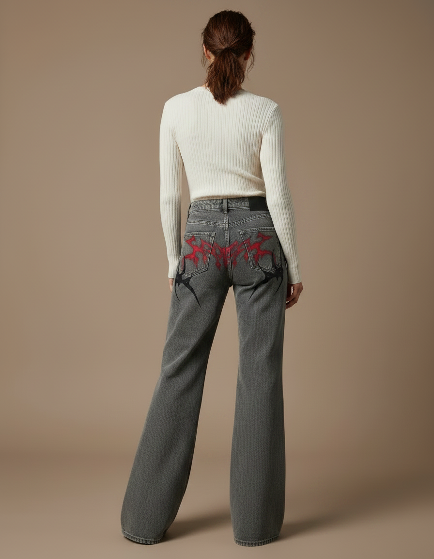 Pantalon Patte D'Éléphant Gris Imprimé Tribal Gothique Ample - Jean - vue 2