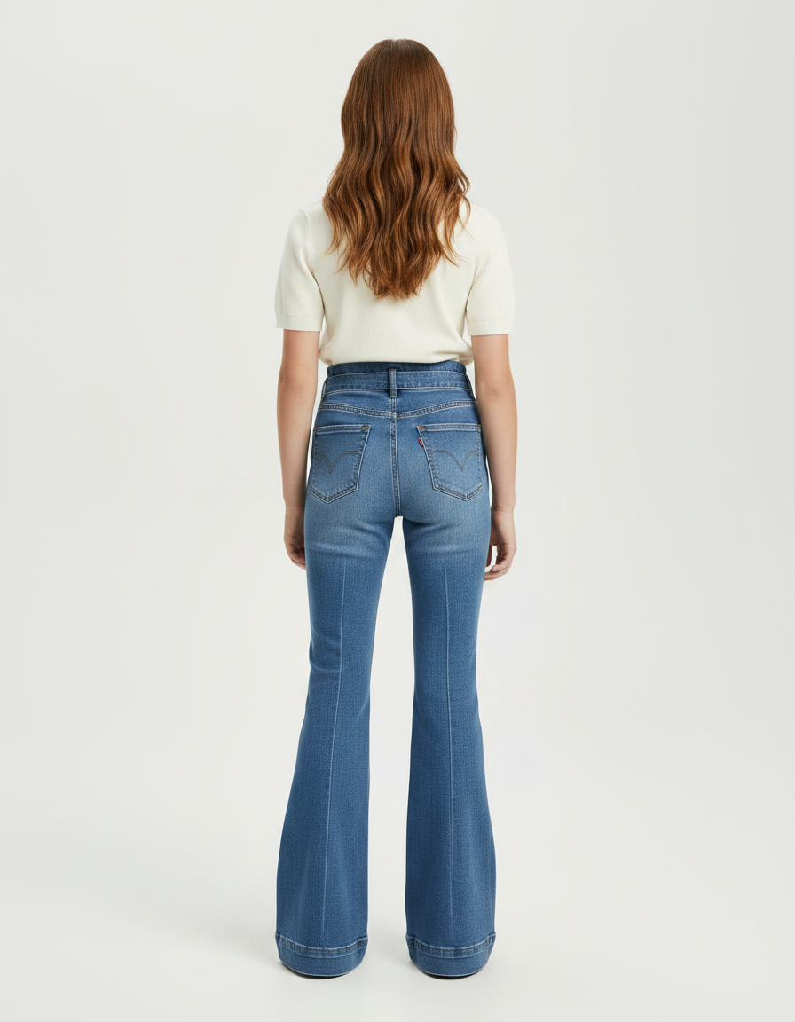 Pantalon Patte D'Éléphant Bleu Denim Évasé Taille Haute - Jean - vue 2