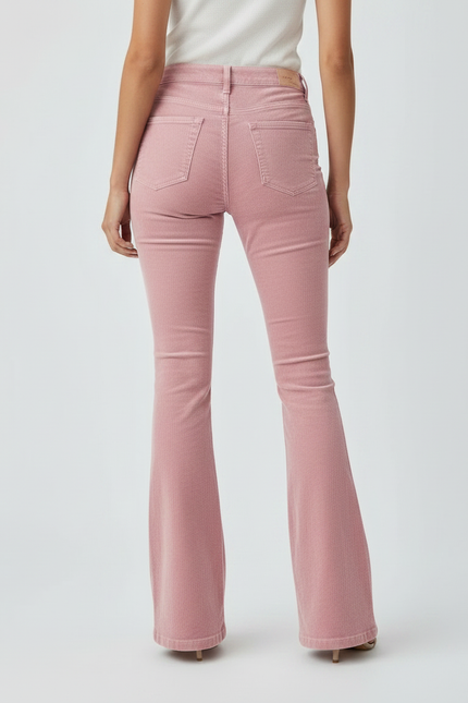 Pantalon Patte D'Éléphant Rose Côtelé Taille Haute Slim Fit - Cordé - vue 2