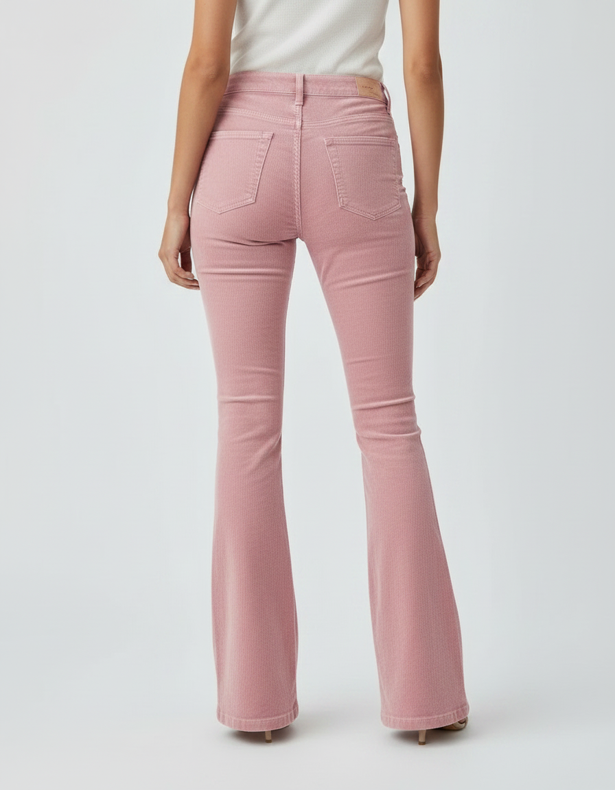 Pantalon Patte D'Éléphant Rose Côtelé Taille Haute Slim Fit - Cordé - vue 2